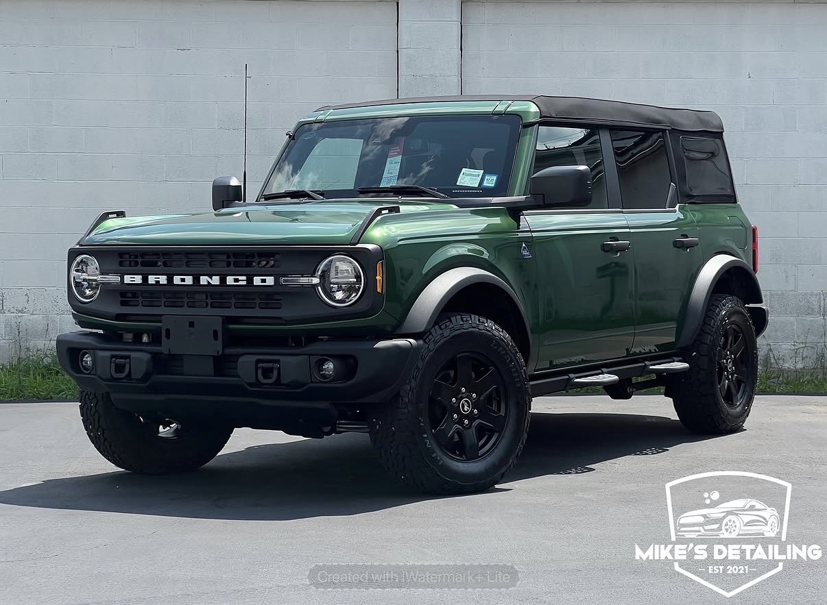 Green Ford Bronco after ceramic coating front angle