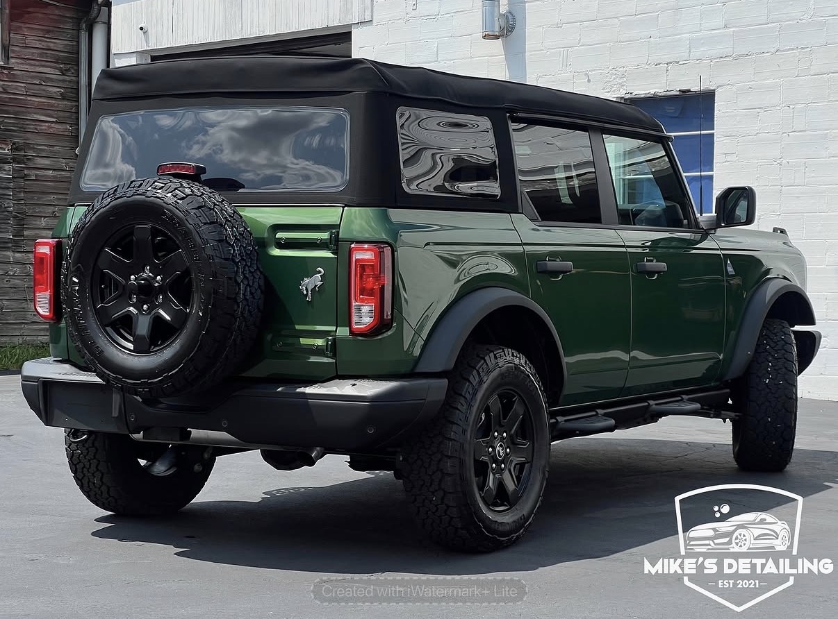 Green Ford Bronco after ceramic coating rear angle