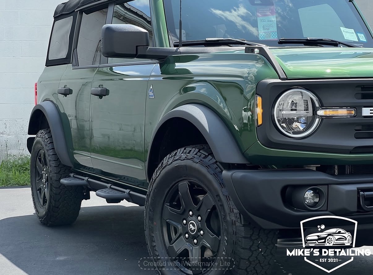Green Ford Bronco ceramic coating side close-up