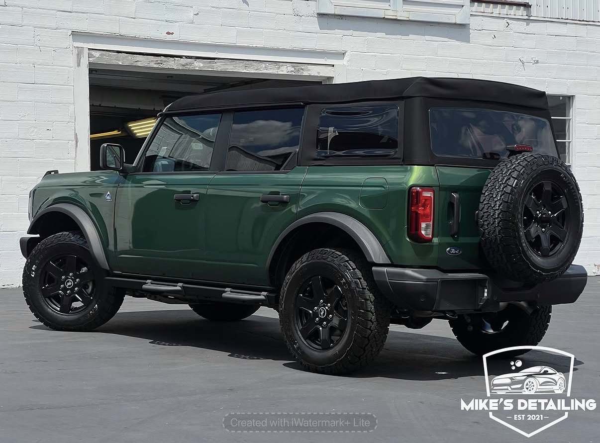 Green Ford Bronco after ceramic coating side view