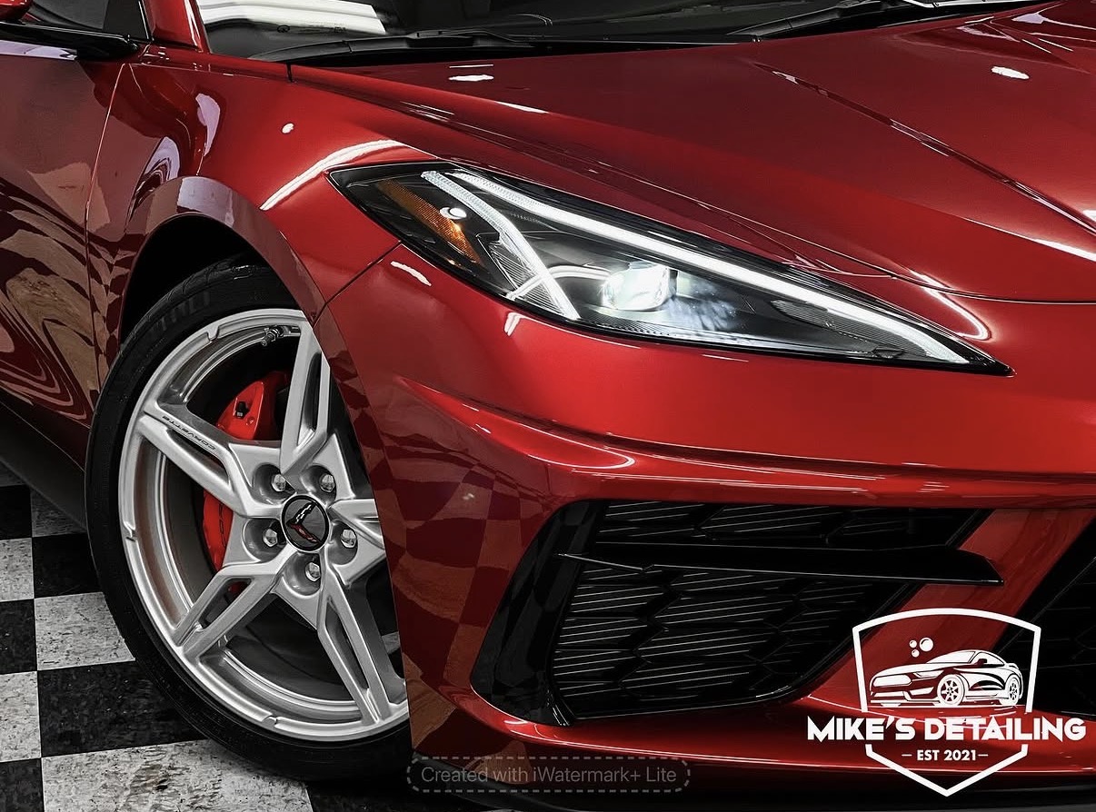 Red Corvette ceramic coating front close-up