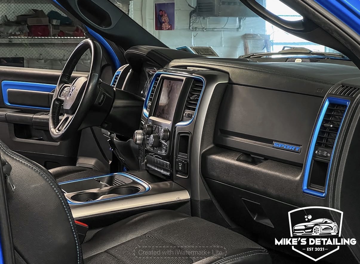Blue-accented truck interior detail