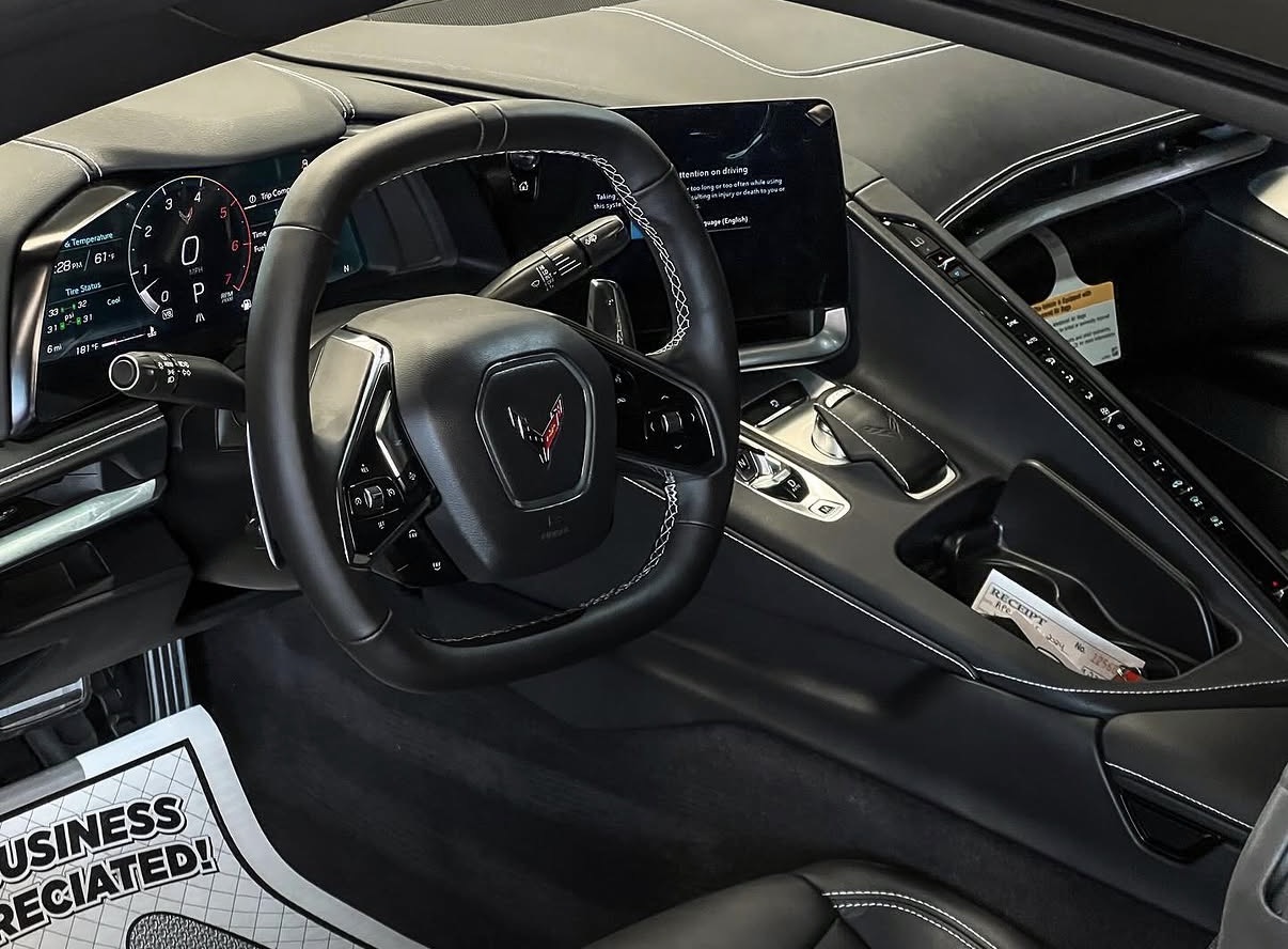 Clean C8 Corvette interior and steering wheel detail